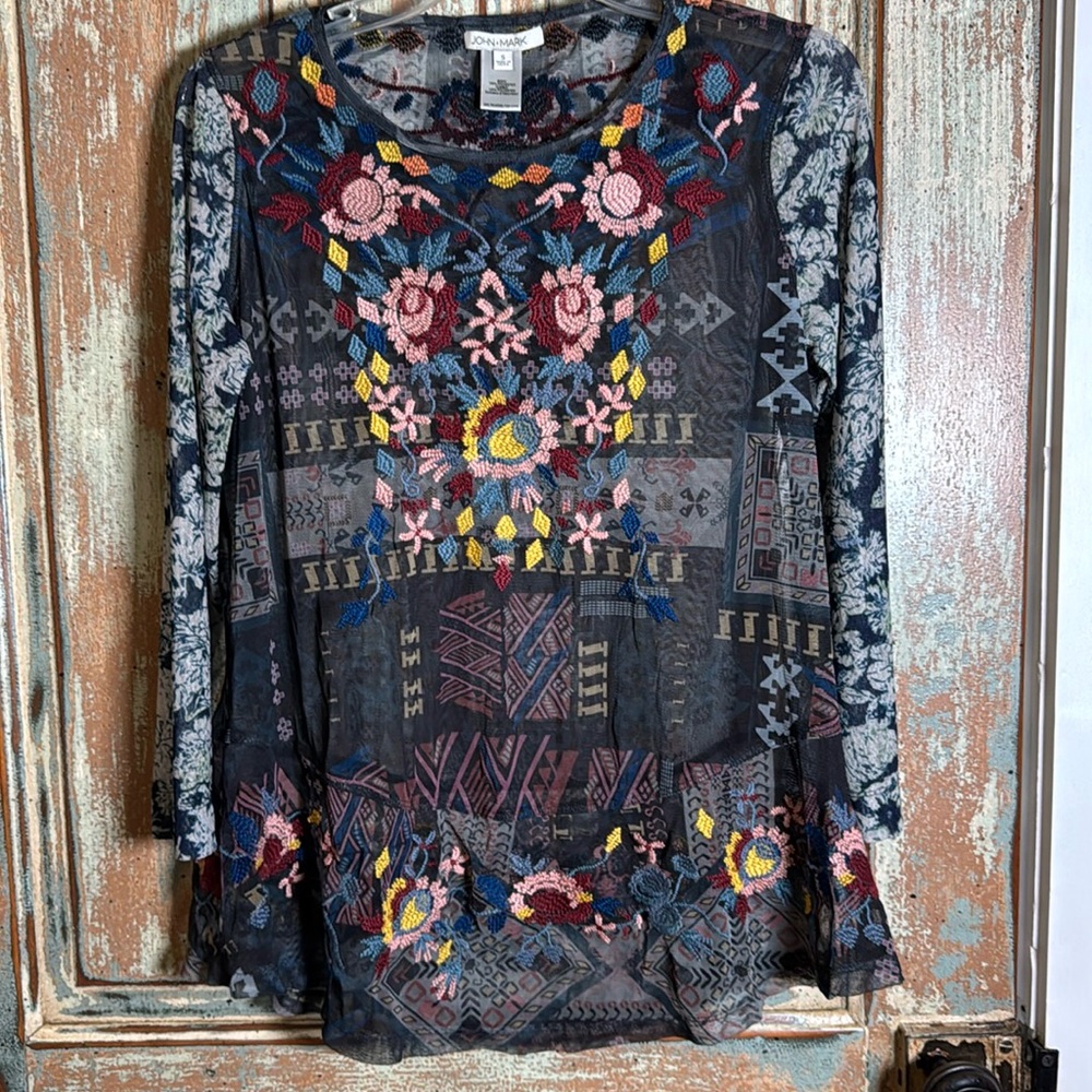 JOHN • Mark Sheer Embroidered Multi Colored BoHo Tunic Blouse Small